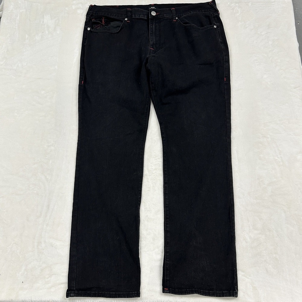 True Religion Ricky Jeans Mens 40 Black Relaxed Straight Red Contrast Stitch